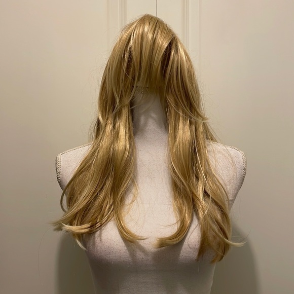 Long Length Blonde Wig with Side Swept Bangs
